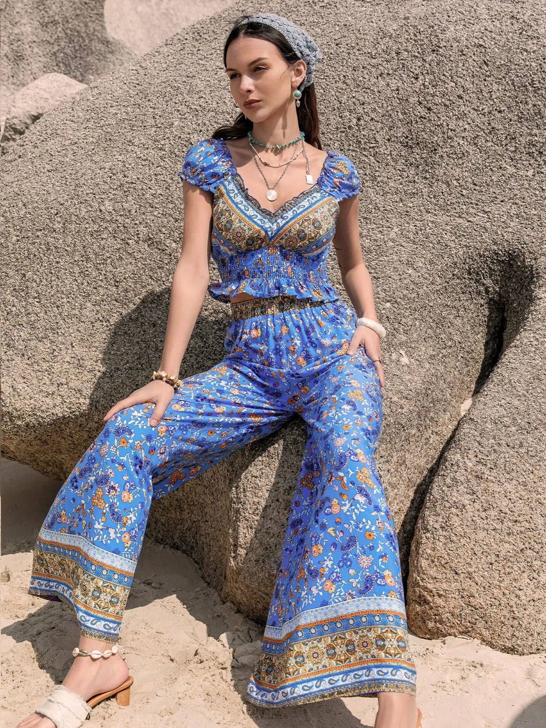 Printed resort set for women in deep blue with gold accents